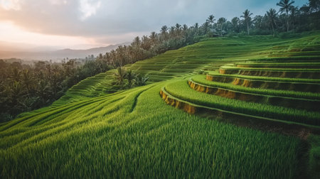 Discover the serene beauty of lush green rice terraces bathed in soft sunset light, showcasing nature's artistry in a tranquil rural landscape.の素材