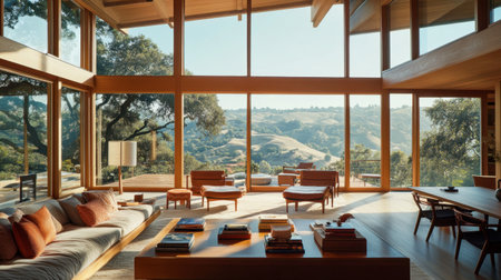 Experience a beautiful modern living room bathed in natural light, featuring elegant furniture and a stunning view of rolling hills, perfect for relaxation.の素材