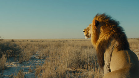 A majestic lion gazes thoughtfully across the open savanna, showcasing its powerful presence and stunning mane against a tranquil landscape.の素材