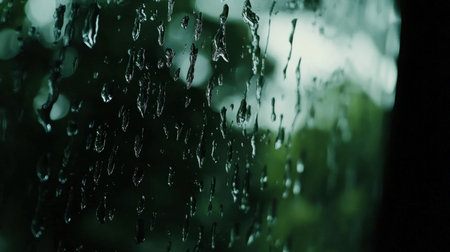 Close-up of rain droplets on a window with a blurred green background, evoking feelings of calm and tranquility, perfect for nature and weather themes.の素材