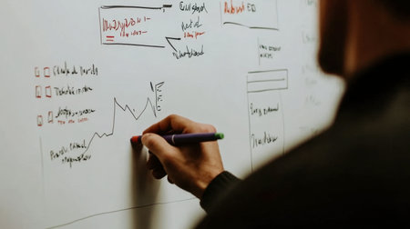 A person engages in a collaborative brainstorming session, illustrating ideas and strategies on a whiteboard. The scene captures team dynamics in planning.の素材
