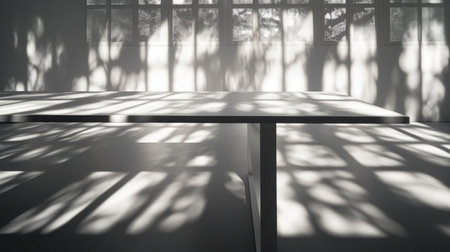 A minimalist table creates a striking interplay of shadows and light, enhancing the serene atmosphere of the space with natural patterns and elegant design.の素材