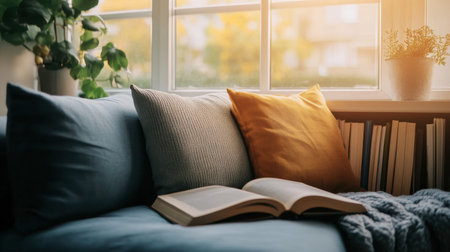 A serene reading nook featuring soft cushions, an open book, and warm sunlight. Perfect for creating a cozy atmosphere in any home space.の素材