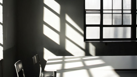 A serene interior features soft light and shadows from a window, creating a tranquil atmosphere in an empty space with minimalistic design elements.の素材