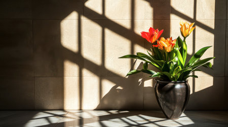 A beautiful arrangement of tulips in a sleek vase, showcasing vibrant colors and soft shadows in a modern interior setting, perfect for home decor.の素材