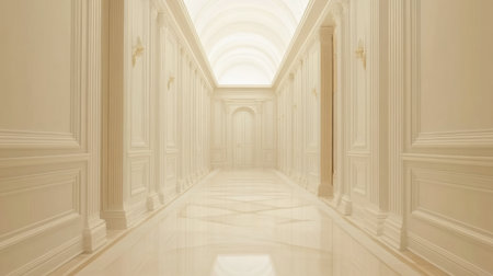 A luxurious white hallway featuring classic architecture and a serene atmosphere. Soft lighting enhances the elegant design and smooth marble floors.の素材