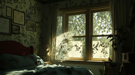 A serene bedroom scene featuring soft sunlight streaming through a window, casting leafy shadows on the wall. The decor creates a tranquil and inviting atmosphere.の素材