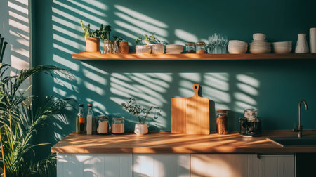 Bright and inviting kitchen scene featuring natural light casting shadows on vibrant green walls, showcasing minimalist decor and plant arrangements.の素材