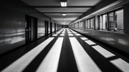 A striking black-and-white photo capturing a minimalist hallway bathed in natural light, showcasing dynamic shadows and architectural symmetry.の素材