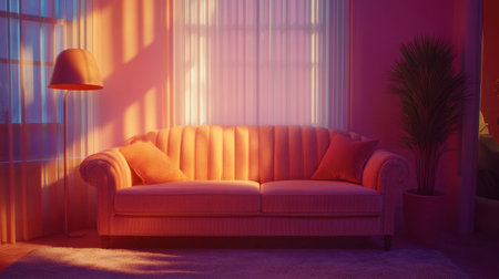 A cozy living room scene featuring a pink sofa, soft lighting, and elegant decorations. Perfect for showcasing modern interior design aesthetics.の素材
