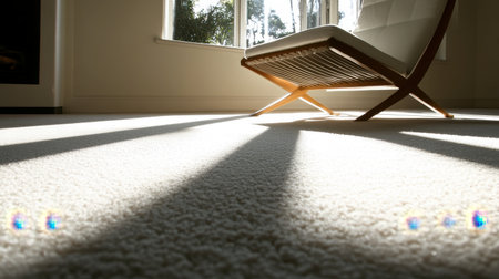 A serene indoor space featuring a stylish chair bathed in sunlight, creating soft shadows on a plush carpet. Perfect for showcasing modern design and tranquility.の素材