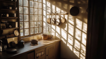 A serene kitchen bathed in warm sunlight, showcasing pots and pans hanging by the window. The play of shadows creates a cozy atmosphere, ideal for cooking.の素材