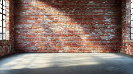 This image showcases a rustic brick wall bathed in natural light, creating an inviting atmosphere for various interior concepts and artistic projects.の素材