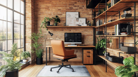 A serene office space showcasing a blend of modern design and natural elements. Featuring green plants, wooden furniture, and ample sunlight, it promotes productivity and comfort.の素材