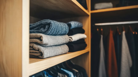 A close-up view of neatly folded clothes in a modern closet, showcasing organization and simplicity in fashion storage. Ideal for lifestyle imagery.の素材
