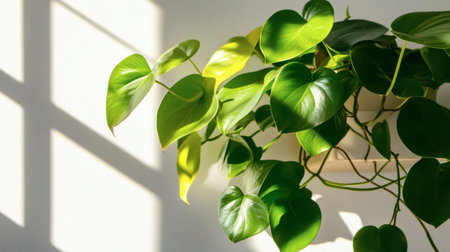 Captivating image of vibrant green leaves basking in sunlight, creating beautiful shadows against a wall. Perfect for nature-themed projects and decor.の素材