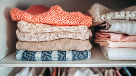 A neat arrangement of cozy knitwear folded on a closet shelf, showcasing soft textures and warm colors, perfect for casual home styling and organization.の素材