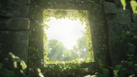 A serene view through a stone window framed by vibrant greenery. Sunlight filters through leaves, creating a peaceful atmosphere in nature. Perfect for capturing the beauty of outdoor settings.の素材