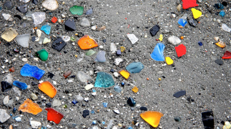A close-up view of colorful glass fragments scattered on a sandy surface, creating a vibrant pattern and texture, perfect for artistic backgrounds.の素材