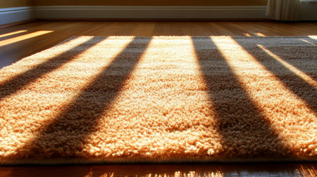A soft gold carpet lies on a wooden floor, illuminated by natural light, creating a stunning interplay of shadows that enhances the cozy home atmosphere.の素材
