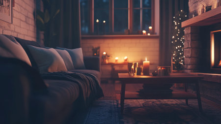 A cozy living room scene bathed in warm light from candles, creating a serene ambiance perfect for relaxation and family gatherings in a stylish interior.の素材