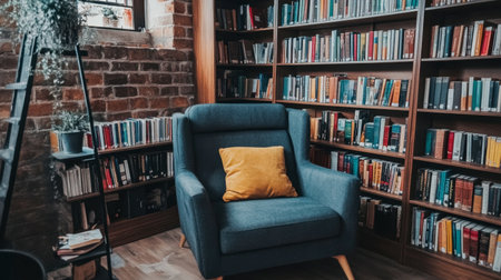 A cozy reading nook featuring a comfortable armchair and a well-stocked bookshelf. Perfect for literary enthusiasts seeking a tranquil space.の素材