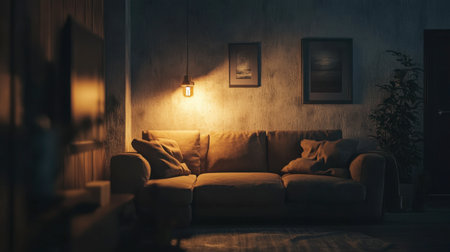 A cozy living room scene featuring a comfortable couch illuminated by soft light, creating a warm and inviting atmosphere perfect for relaxation.の素材