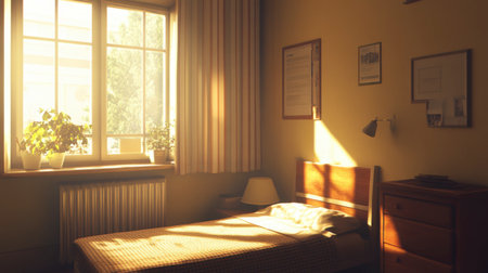 A cozy bedroom bathed in warm sunlight, featuring a simple design with a bed, window, and plants, creating a peaceful and inviting atmosphere.の素材