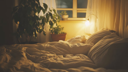 A serene bedroom scene featuring a cozy bed, warm lighting, and indoor plants, creating a tranquil atmosphere perfect for relaxation and comfort.の素材