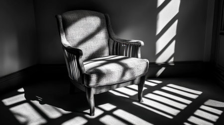 A beautifully crafted armchair bathed in soft light creates striking shadows. This elegant piece adds a touch of sophistication to any interior space.の素材