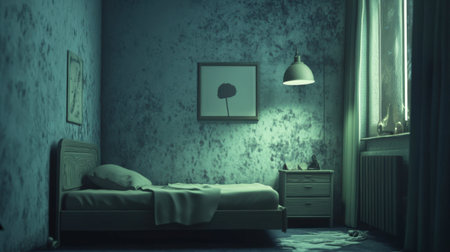 A tranquil bedroom featuring soft lighting and minimalist decor. The serene atmosphere highlights the simplicity of the space, creating a relaxing retreat.の素材