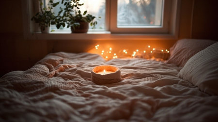 A serene bedroom scene featuring a candle glowing softly on a cozy bed. The warm ambiance is enhanced by gentle lighting and indoor plants by the window.の素材
