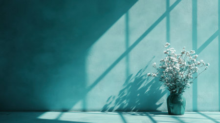 A tranquil floral arrangement in a teal vase, casting soft shadows on a serene backdrop. Perfect for adding a touch of nature and simplicity to any space.の素材