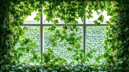 A beautiful window framed with lush green ivy, creating a serene and inviting atmosphere. Perfect for nature-inspired interior decor and themes.の素材