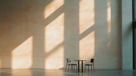 A serene minimalist interior featuring a round table and two chairs, highlighted by soft shadows and natural light, creating a calm and inviting atmosphere.の素材