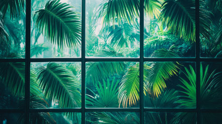 Captivating view of lush green foliage seen through window panes, creating a tranquil and vibrant atmosphere that beautifully blends nature and architecture.の素材