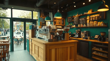 A warm and inviting coffee shop interior featuring a wooden counter, teal accents, and modern design elements, perfect for casual meetings and relaxation.の素材