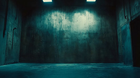 An empty and dark industrial room with concrete walls and unique lighting. This eerie space evokes feelings of solitude and mystery, perfect for various creative projects.の素材