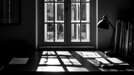 A peaceful workspace featuring a desk by a window, allowing natural light to cast soft shadows, creating a serene and inspiring environment.の素材