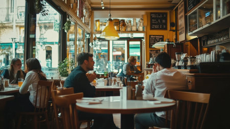 A cozy cafe setting filled with patrons enjoying drinks and conversation. The warm atmosphere invites relaxation and social interaction among friends.の素材