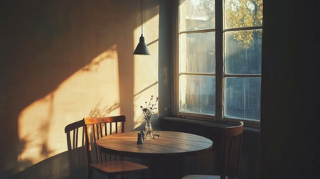 A serene dining space bathed in warm sunlight, featuring a wooden table and chairs. Perfect for capturing a cozy and tranquil atmosphere in any home.の素材