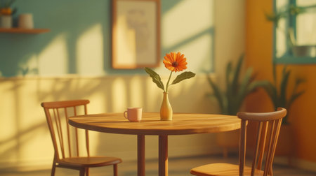A serene indoor scene featuring a wooden table with a vibrant flower in a vase, two chairs, and sunlight creating a warm, inviting atmosphere.の素材
