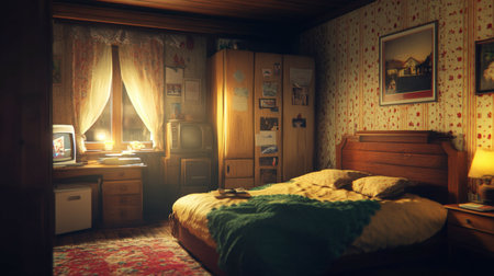 A cozy bedroom featuring warm lighting and vintage decor, creating a peaceful and inviting atmosphere perfect for relaxation and comfort.の素材