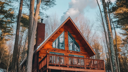 Beautiful wooden cabin nestled in a tranquil forest, surrounded by trees and nature. Perfect for a peaceful getaway in scenic winter landscape.の素材