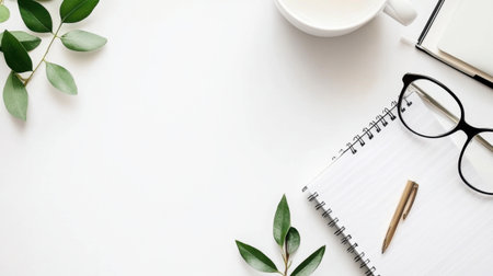 A serene workspace featuring a notepad, pen, and glasses alongside green leaves and a coffee cup, ideal for creativity and planning.の素材