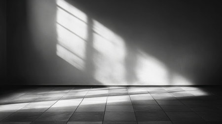 A serene monochrome image showcasing shadows and light play across a tiled floor and wall, creating a dramatic and calming atmosphere in the space.の素材
