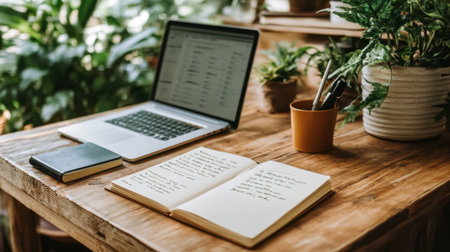 A serene workspace featuring a laptop, open notebook, and plants, creating a cozy setting ideal for productivity and creativity. Perfect for home office inspiration.の素材