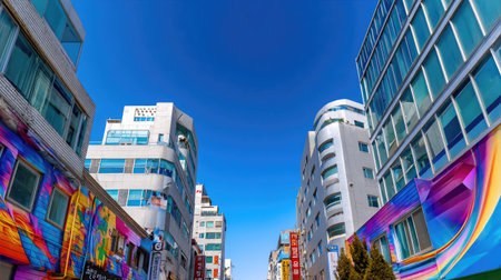 A striking cityscape showcasing vibrant murals and sleek modern architecture against a backdrop of a clear blue sky, perfect for travel or urban lifestyle themes.の素材