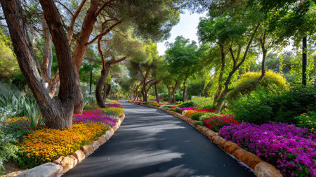 A beautiful pathway winds through a vibrant garden filled with colorful flowers and lush green trees, creating a serene and tranquil atmosphere in nature.の素材