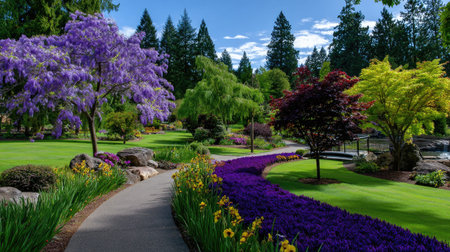 A picturesque botanical garden showcases vibrant flowers and lush greenery along a winding path, inviting visitors to immerse in the beauty of nature under bright sunshine.の素材